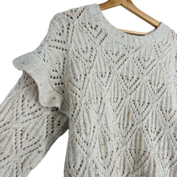 Old Navy Beige Ruffle Trim Pointelle Crew Neck Long Sleeve Cozy Knit Sweater L - Picture 7 of 10